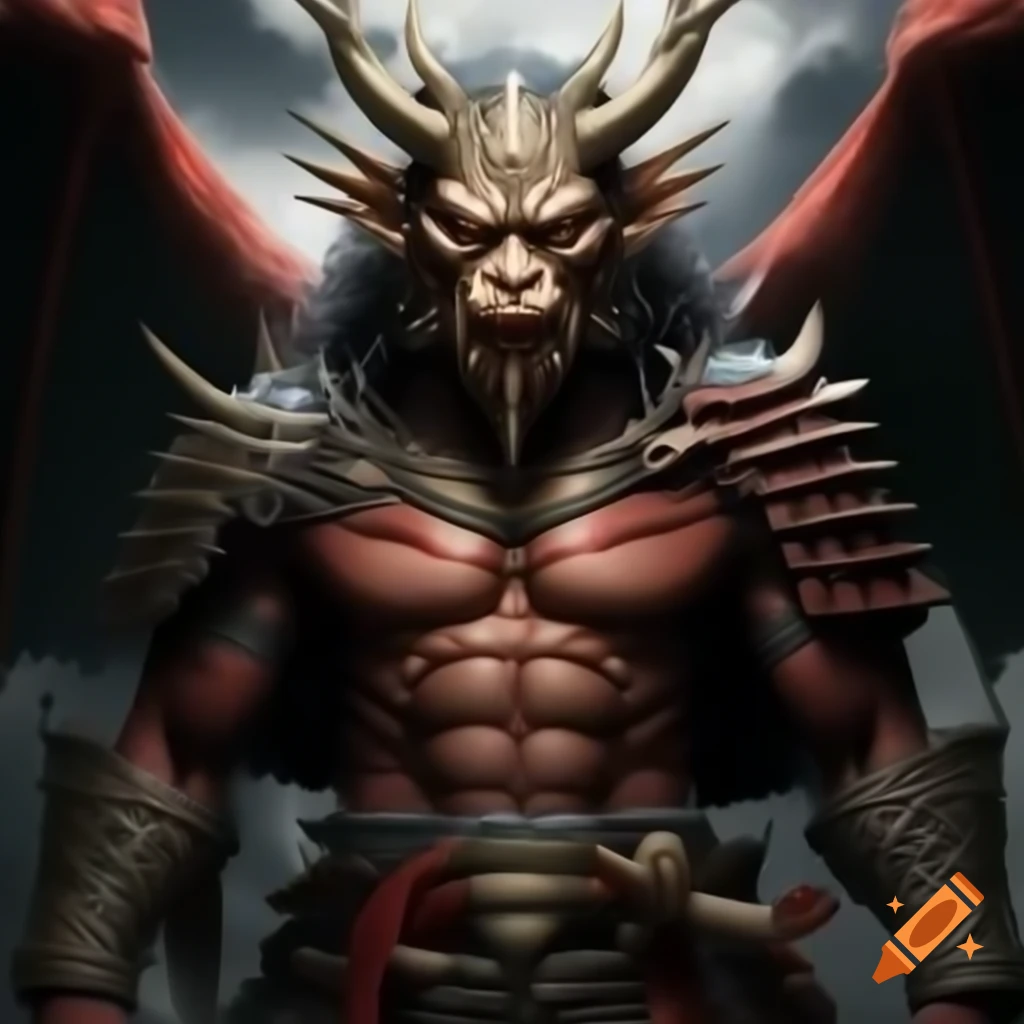 Oni with human body and dragon wings in Samurai armor