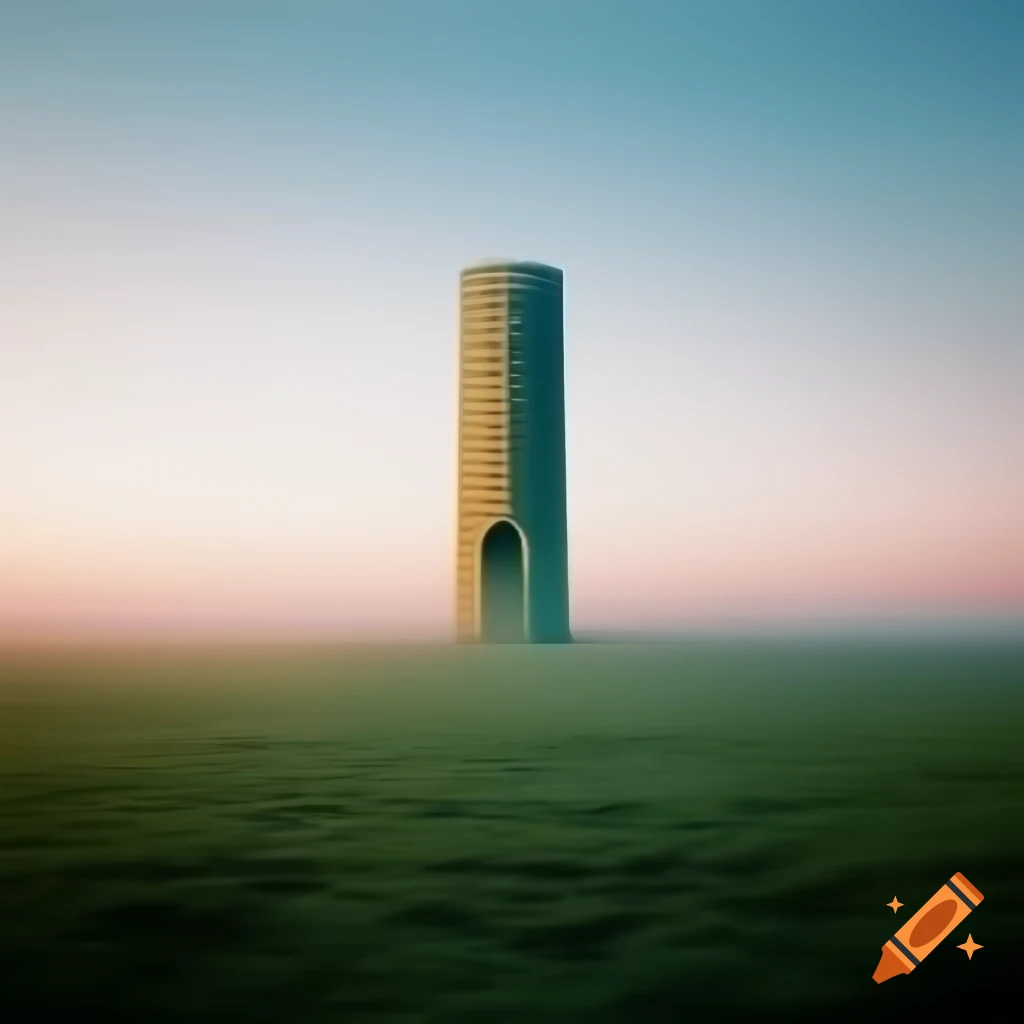 Minimalist medieval landscape with ancient stone tower in foggy open field