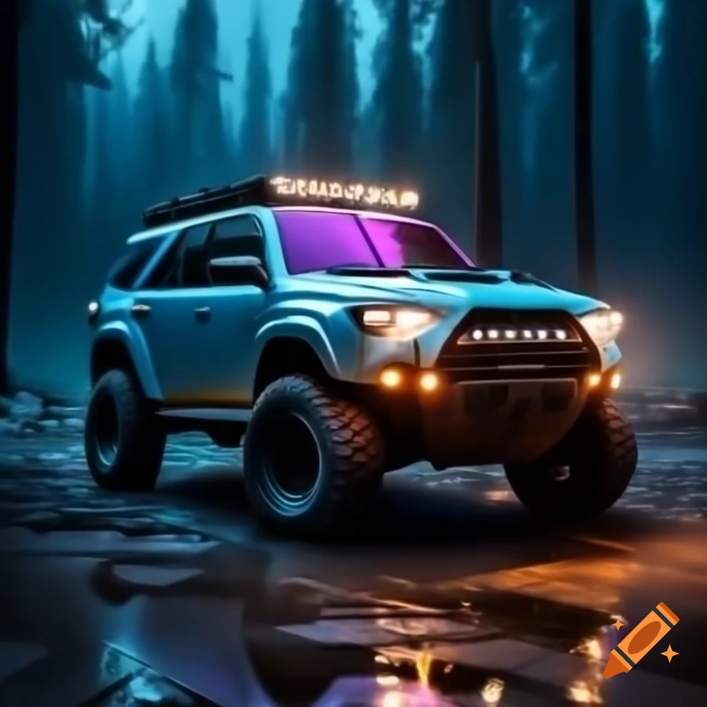 Close-up of off-road 4Runner concept with cyan and magenta lights in foggy rainforest