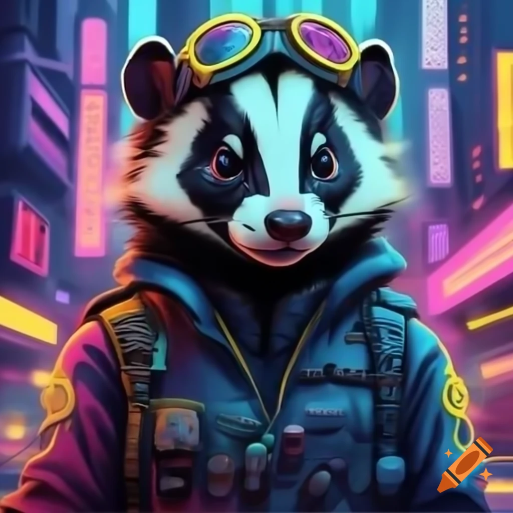 Spotted skunk in cyberpunk dystopia with military uniform in neon midnight city
