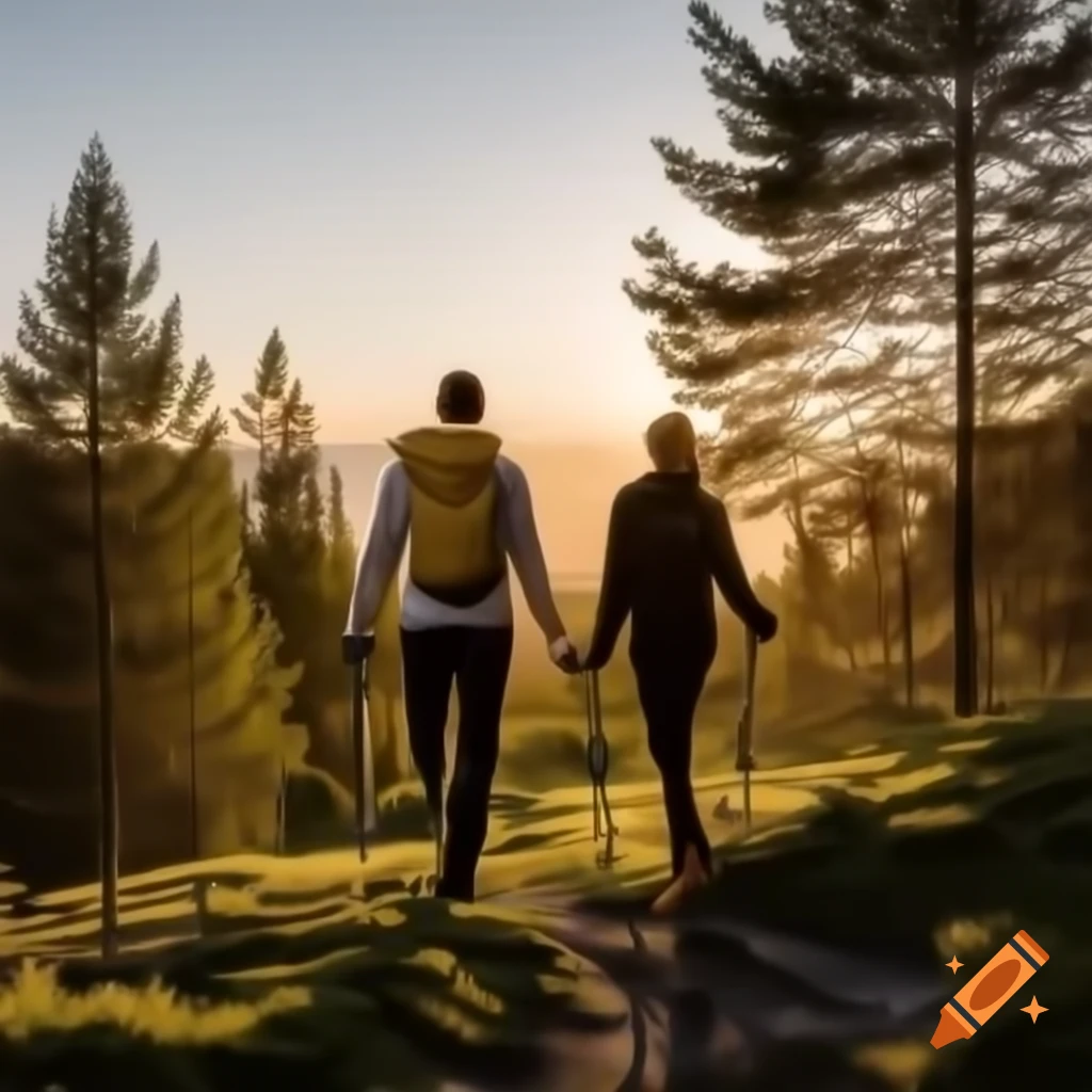 Couple silhouette walking in forest with nordic walking poles at sunset