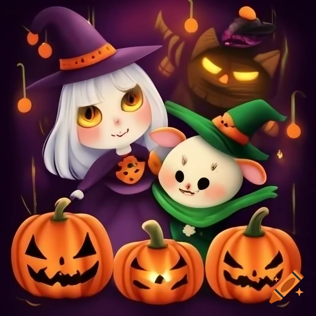 Playful Halloween scene with pets in costumes, including cat in witch's hat