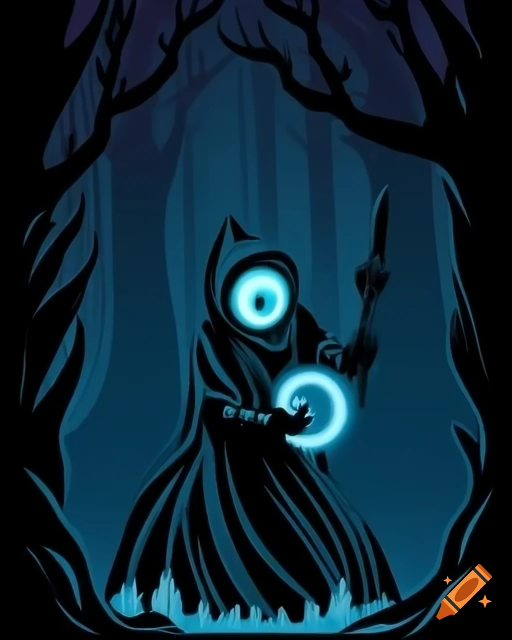 Ominous blue-garbed cyclopian warrior emerging from shadows with fiery eye
