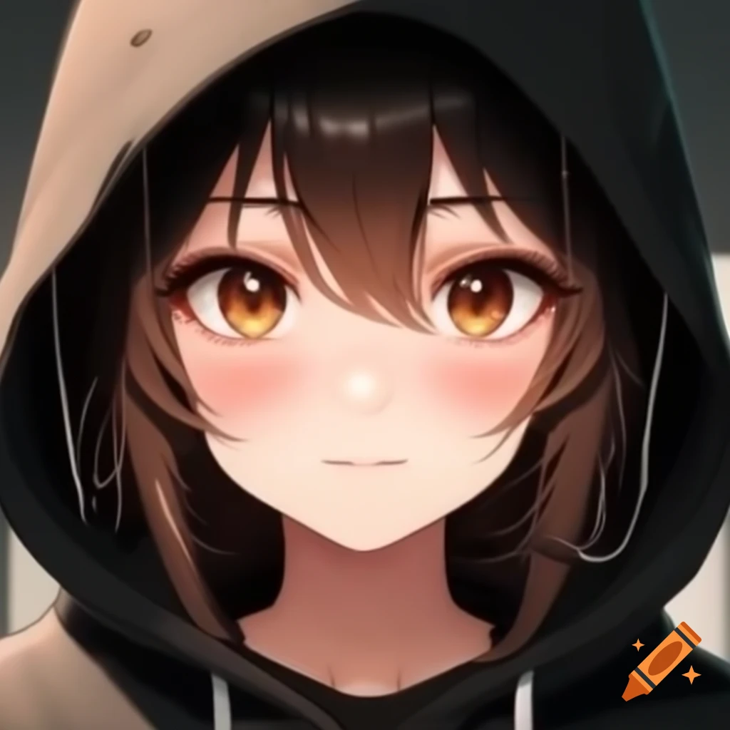 Anime character with ginger hair and dark brown eyes wearing a black hoodie and headphones