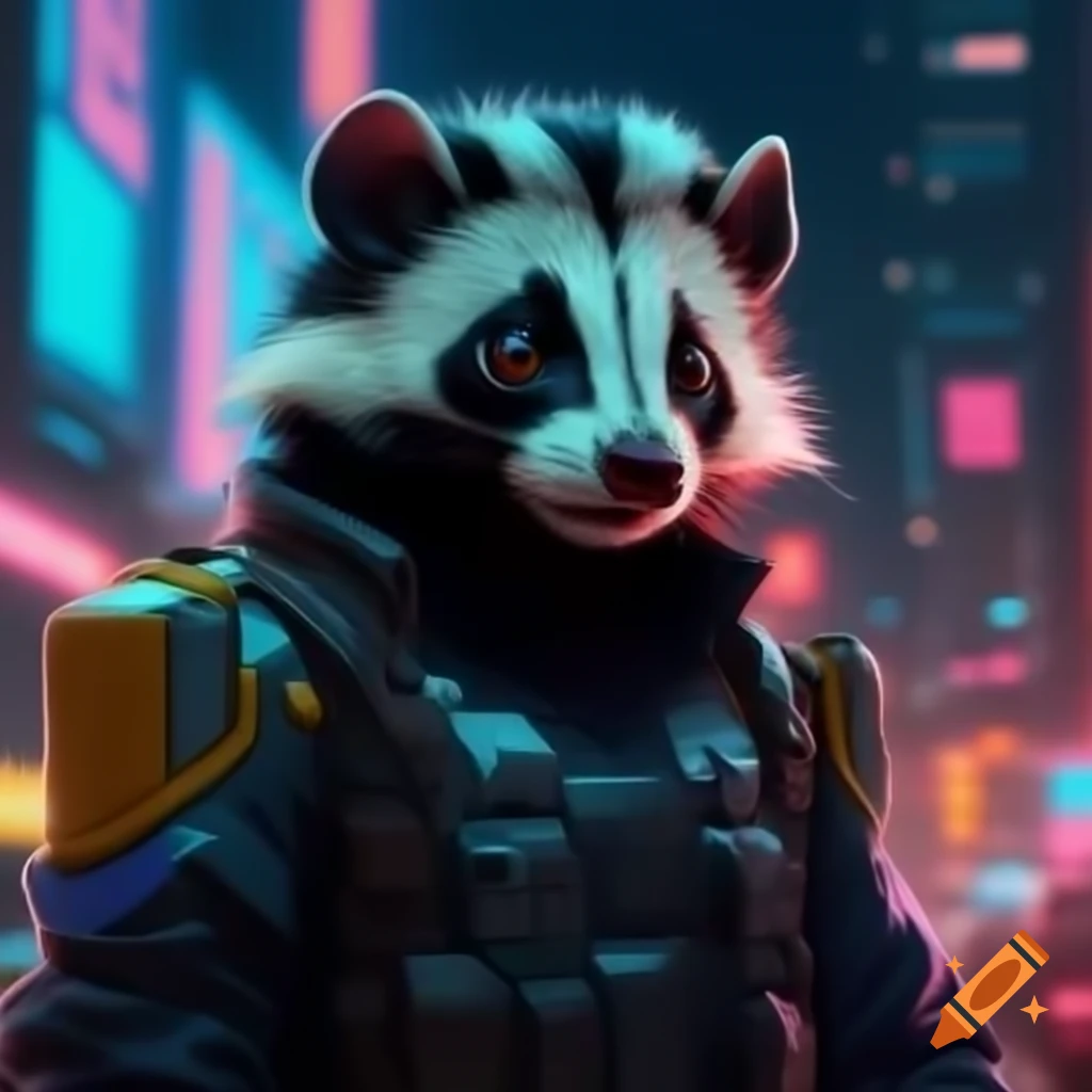 Spotted skunk in cyberpunk dystopia wearing futuristic military uniform in neon city