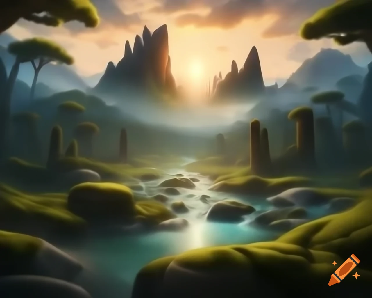 Ancient mountain range towering above winding river with grand trees
