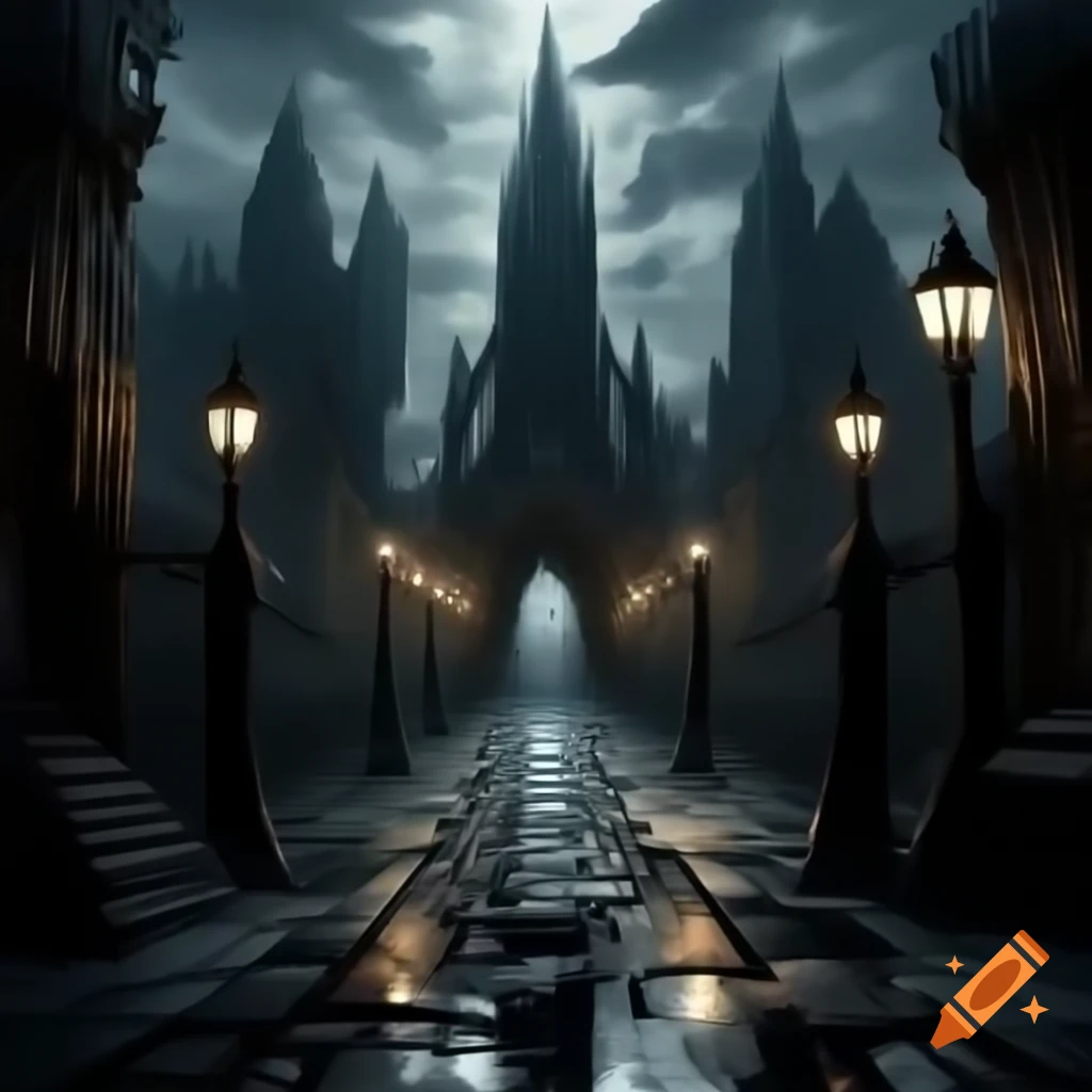Obsidian City at twilight with jagged skyscrapers and narrow alleyways