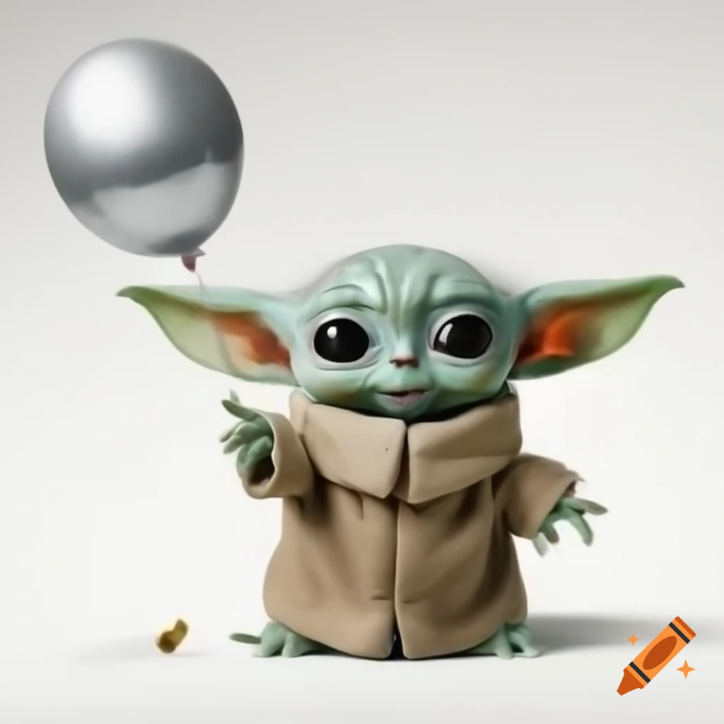 Grogu holding a big silver balloon in playful pose against white background