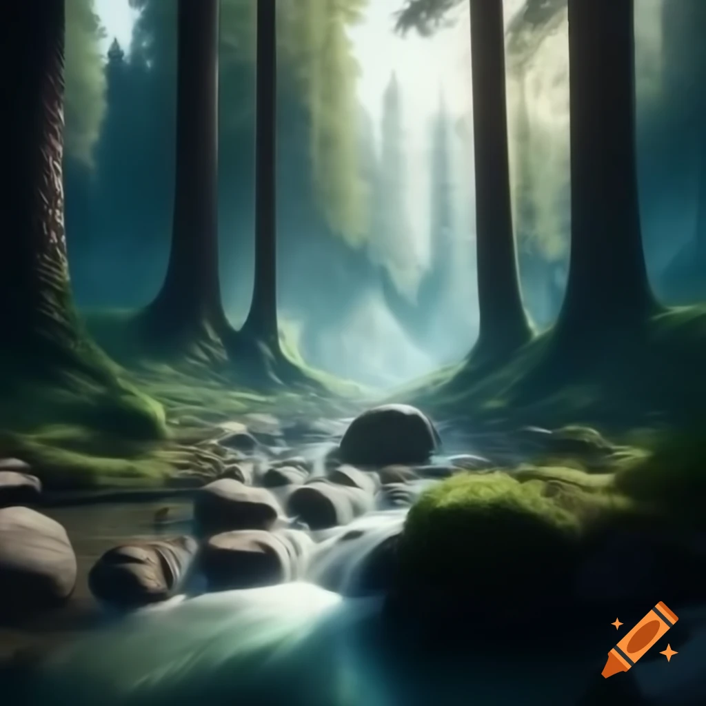 Realistic forest scene with ancient trees and crystal-clear stream