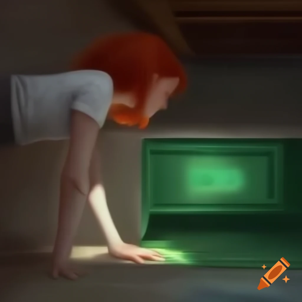 Girl with red hair exploring concrete basement labyrinth seen through green security camera