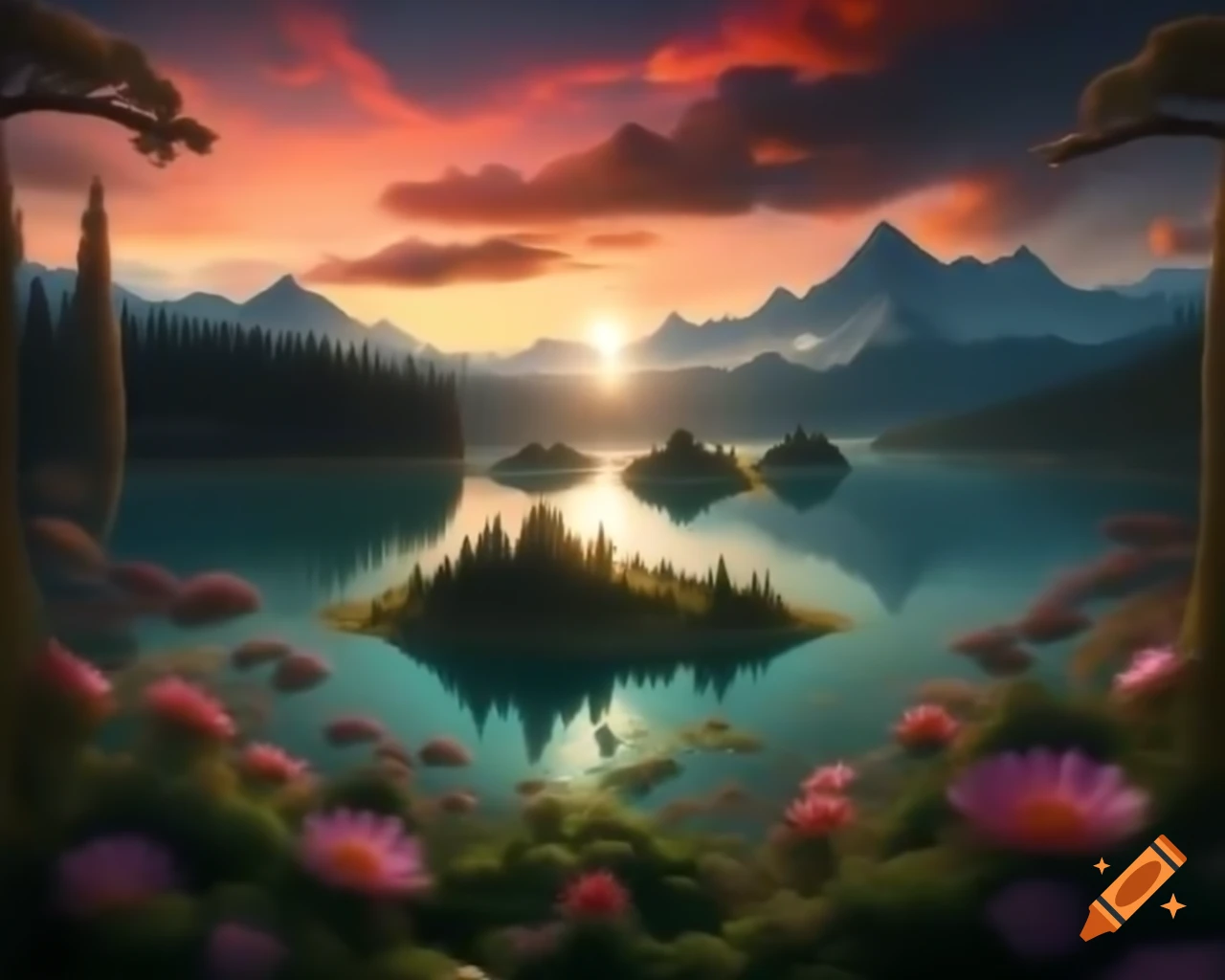 Surreal floral woman's face at mountain lake surrounded by old growth trees