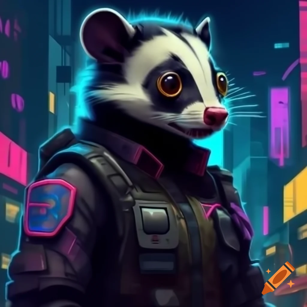 Spotted skunk in cyberpunk dystopia with military uniform in neon midnight city