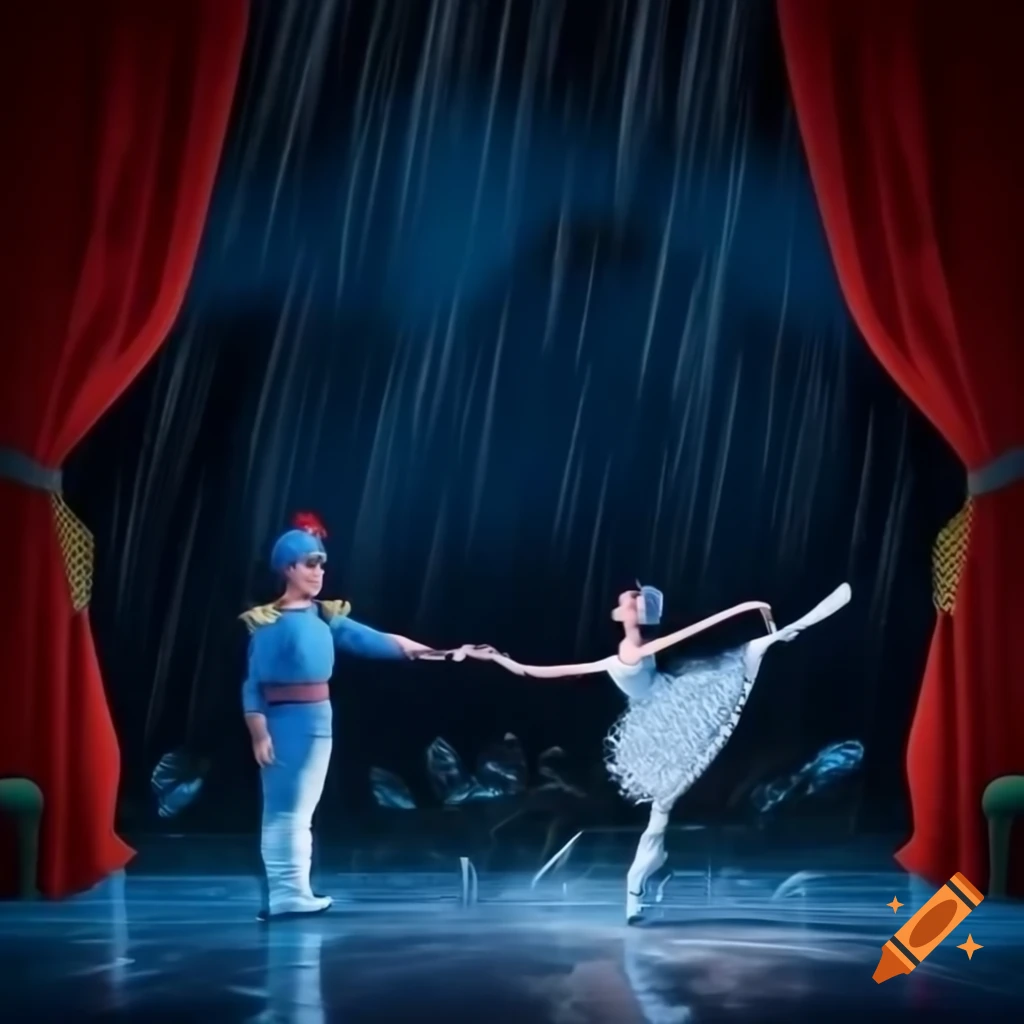 Tin soldier and ballerina on stage in rain at night with red curtain