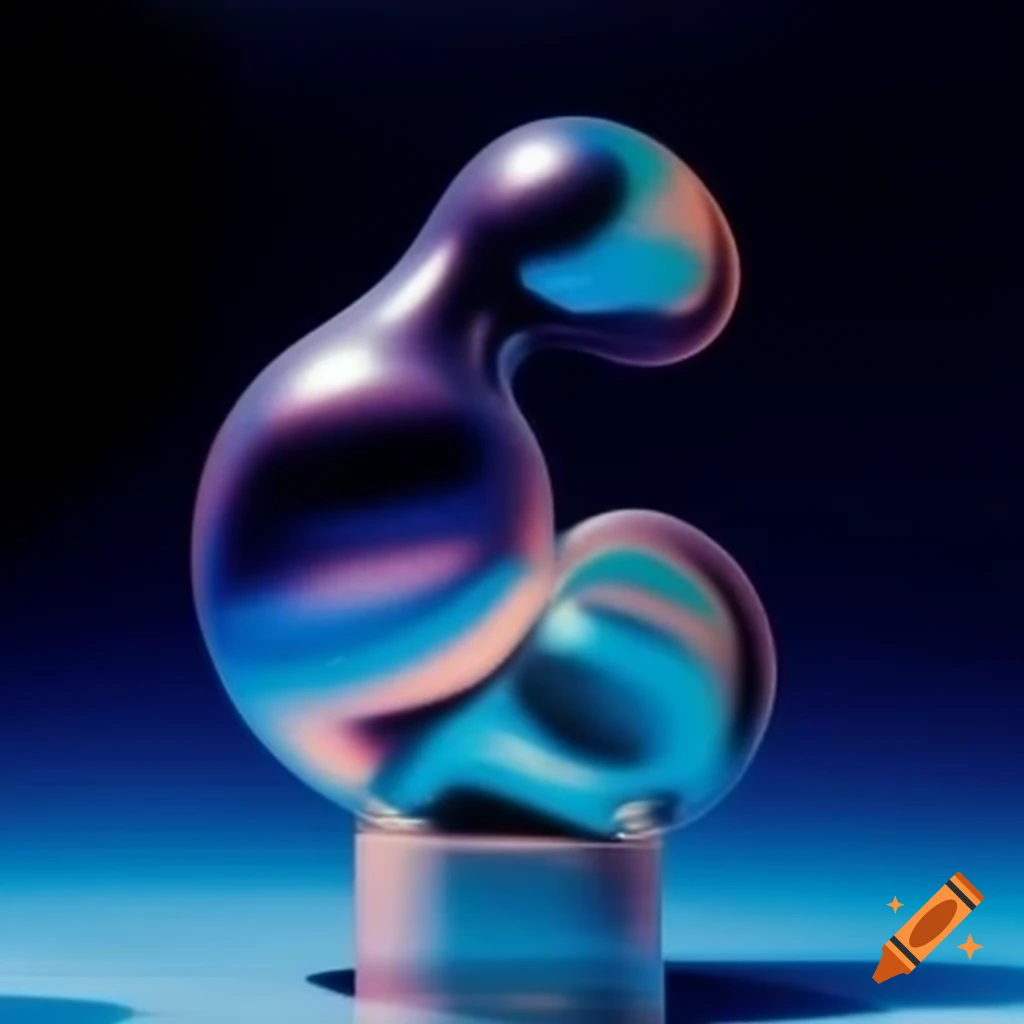 Pop surreal 2000's photography featuring iridescent glass statue