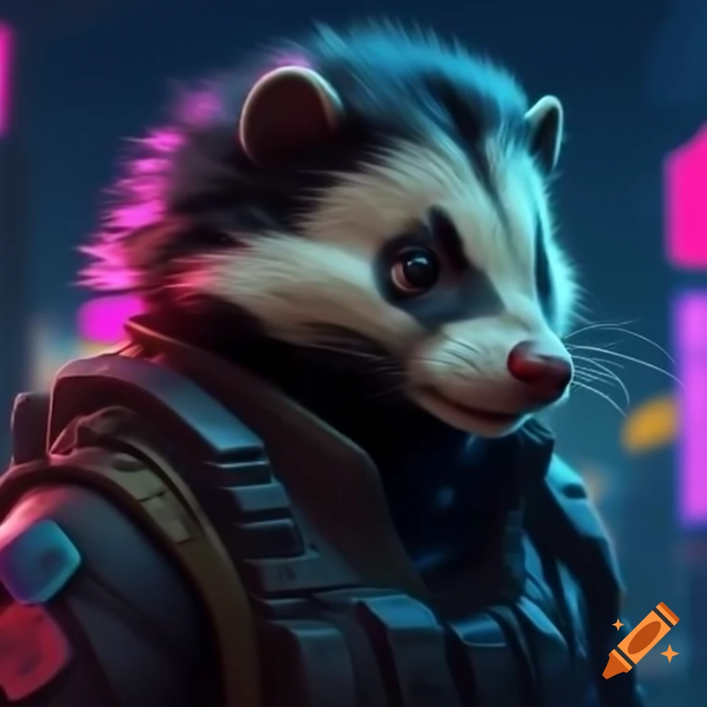 Spotted skunk in cyberpunk dystopia wearing futuristic military uniform in neon city