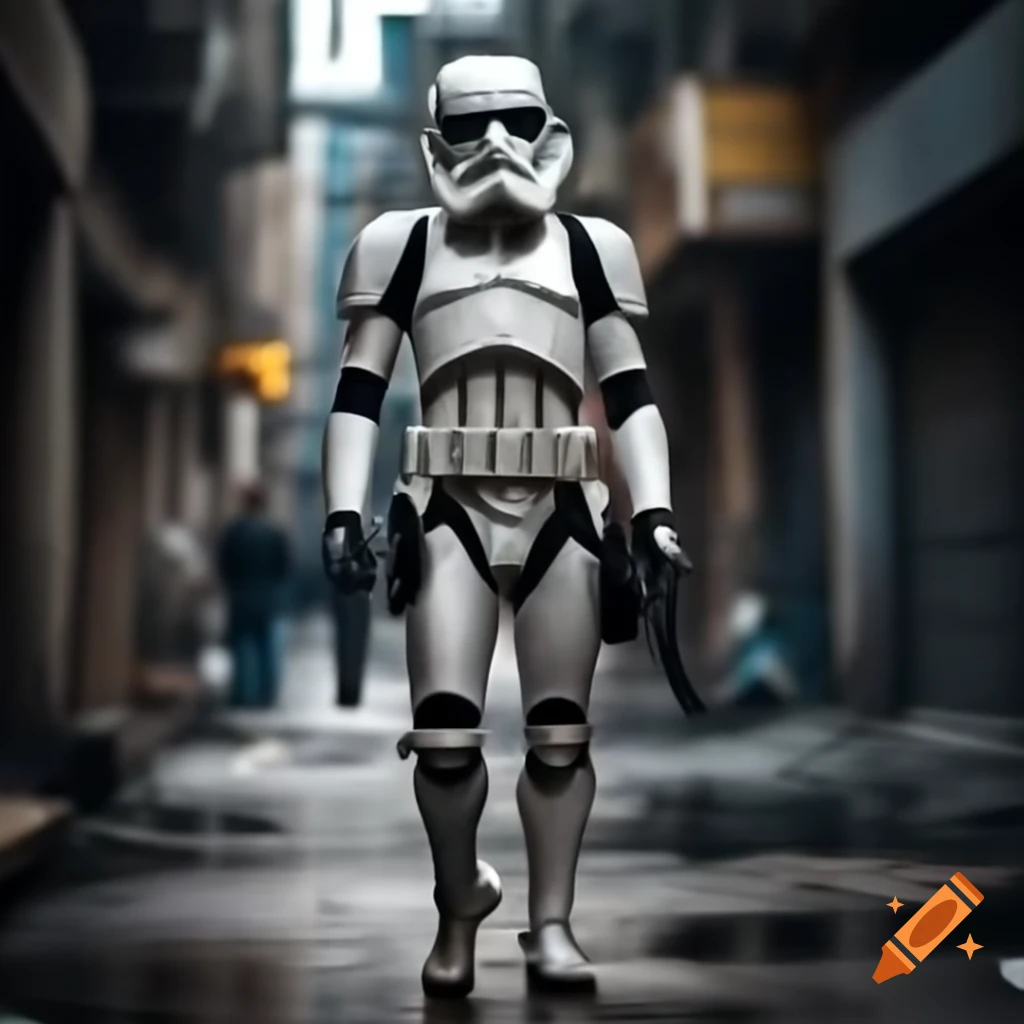 Stormtrooper walking down a gritty street turning left, realistic style