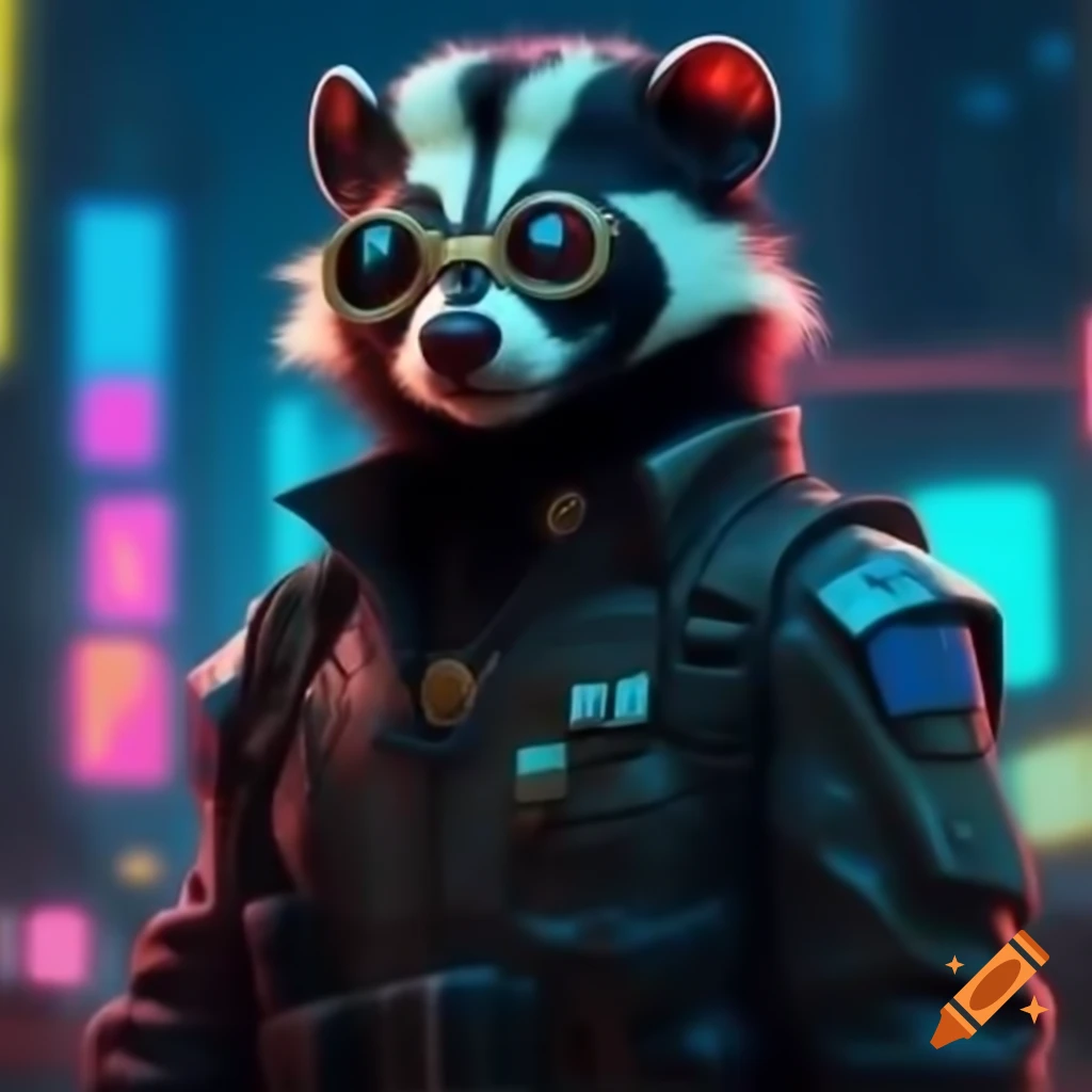 Spotted skunk in cyberpunk dystopia wearing futuristic military uniform in neon city
