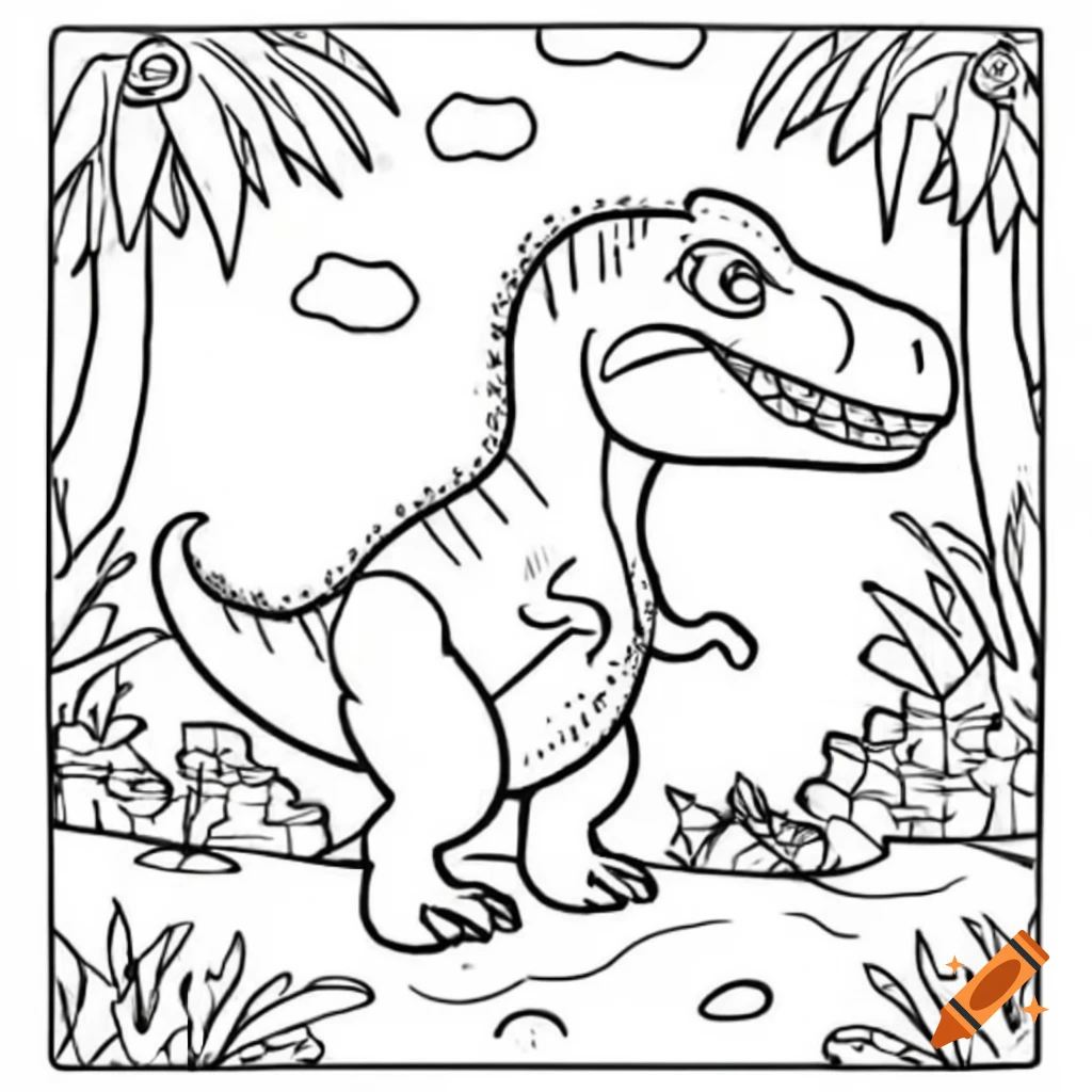 Coloring page featuring various dinosaurs including Tyrannosaurus Rex in cartoon style