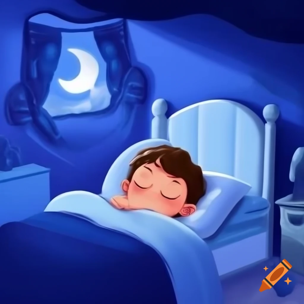 Child sleeping in bed with night sky visible through window in blue toned bedroom