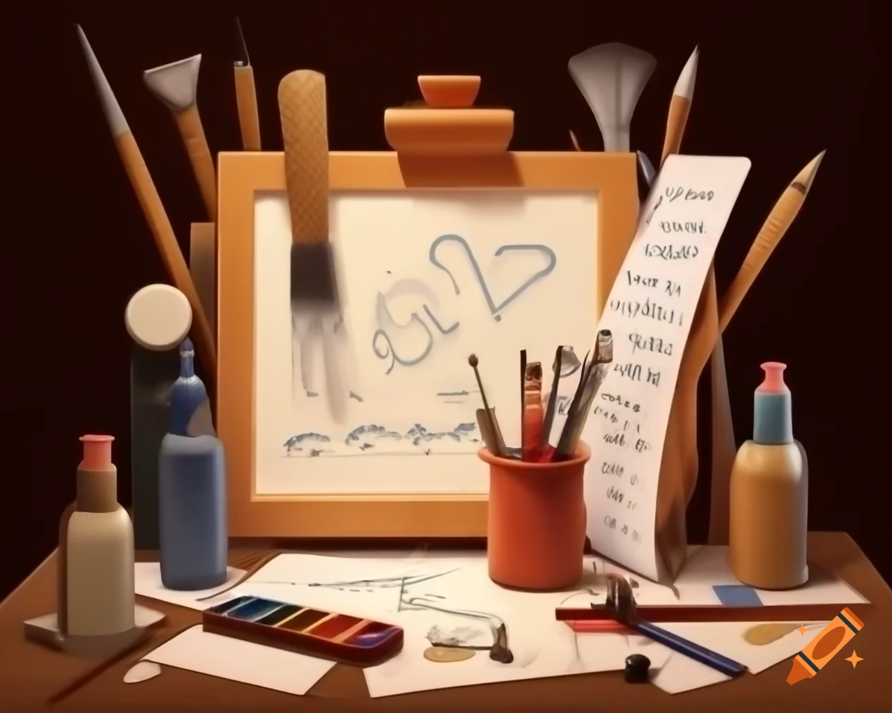 Still life of artist's tools with handwritten greeting 'Welcome'