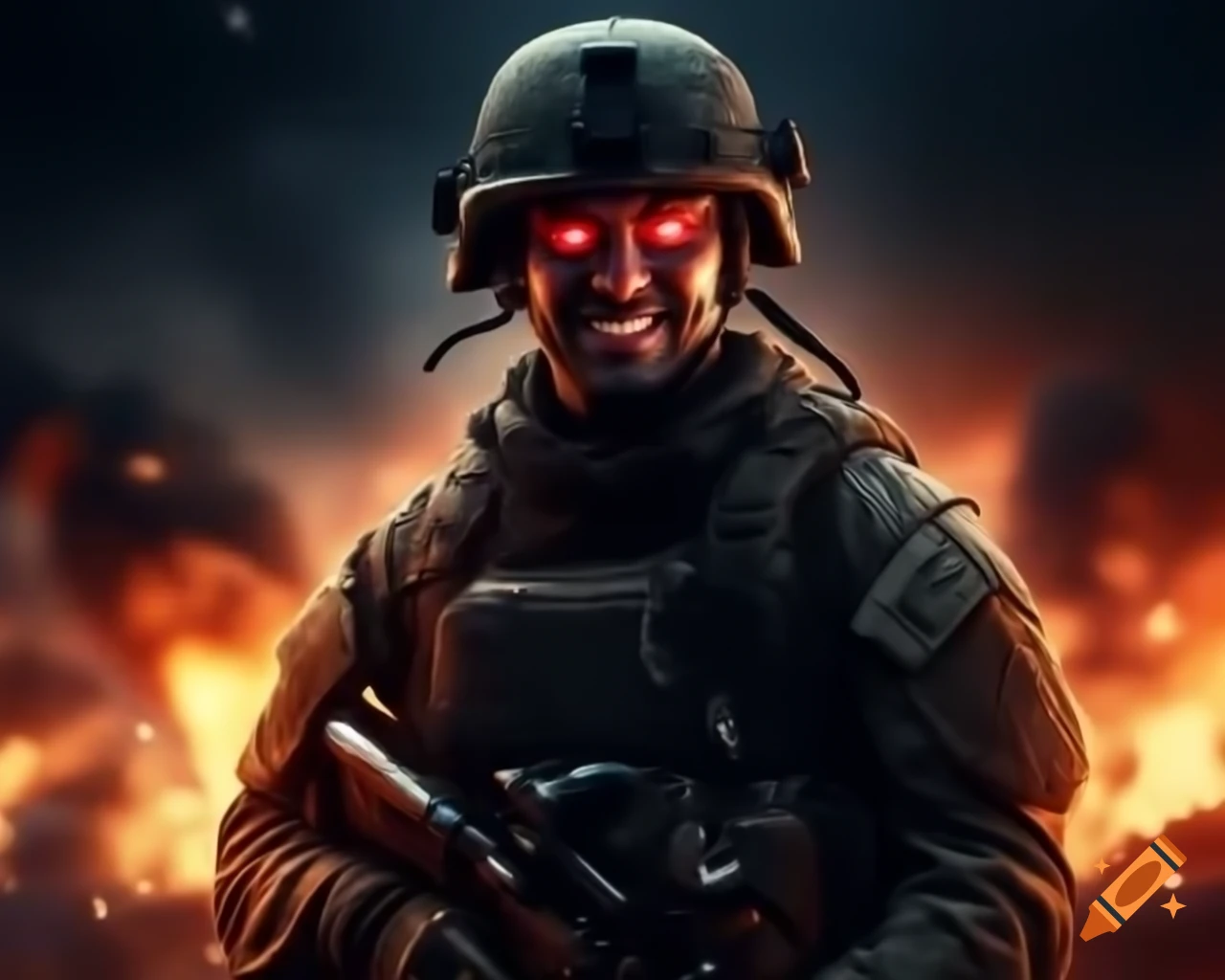 Happy male soldier with glowing red eyes amidst explosions in the background