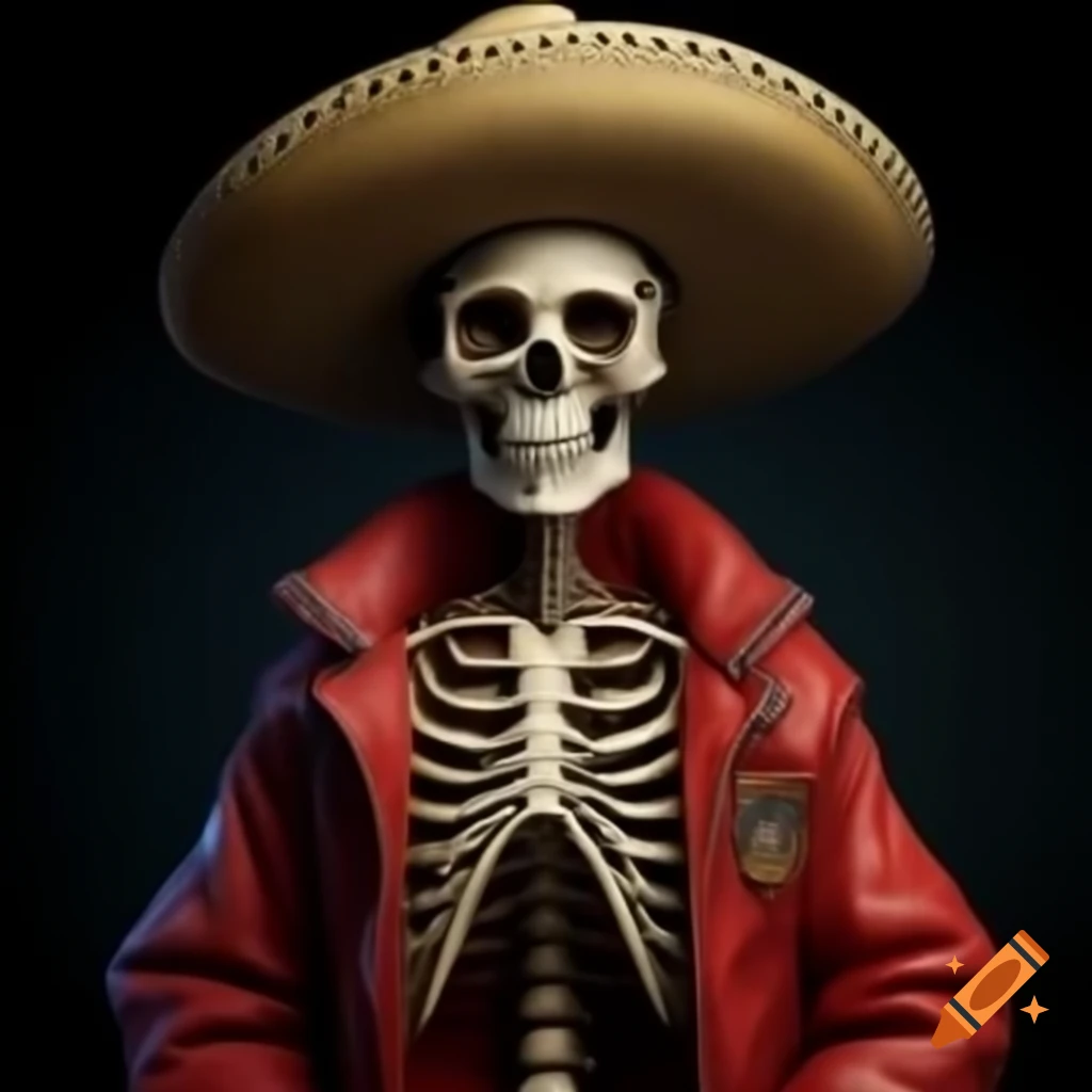 Skeleton wearing a red jacket and sombrero
