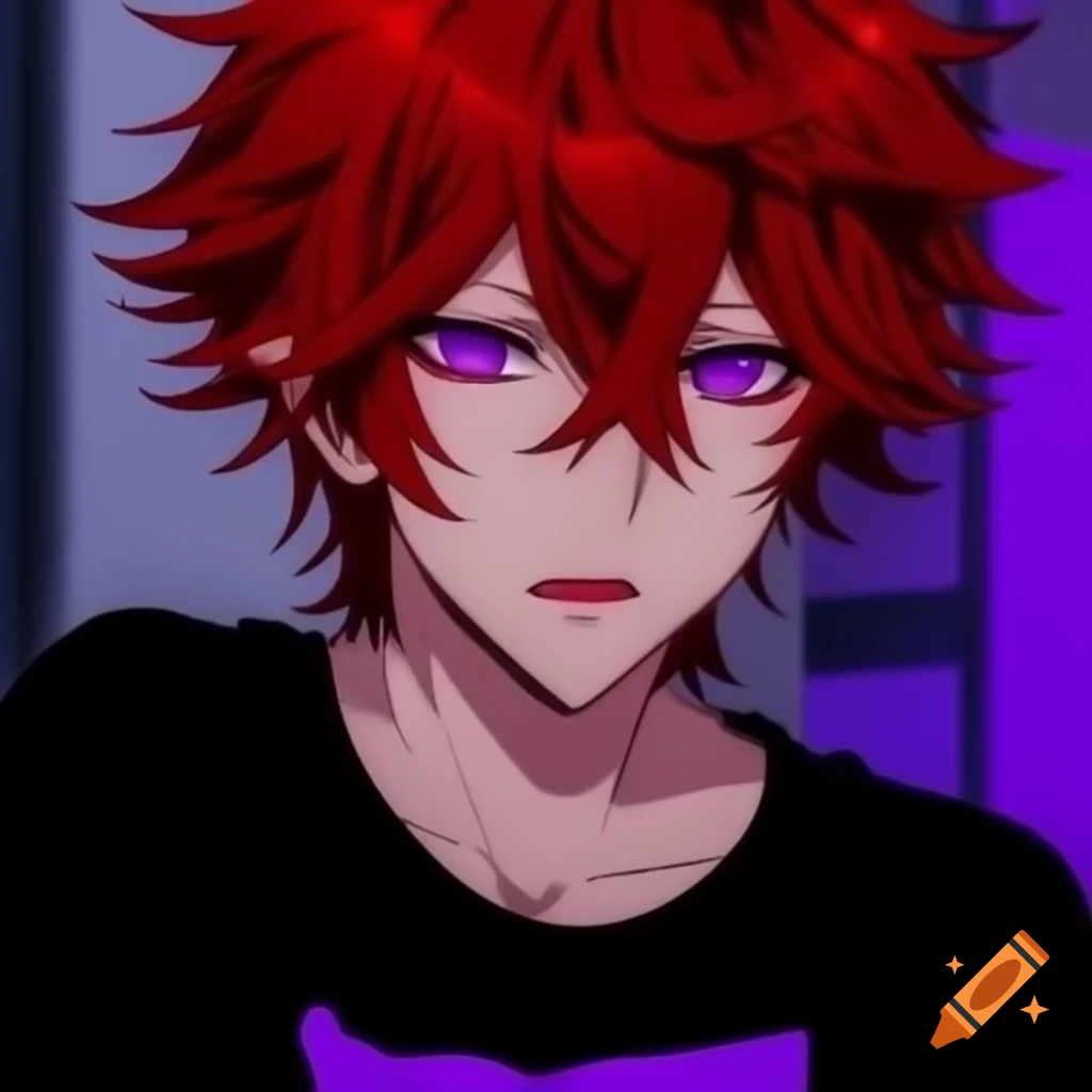 Anime male rock star with red hair and purple eyes wearing black shirt