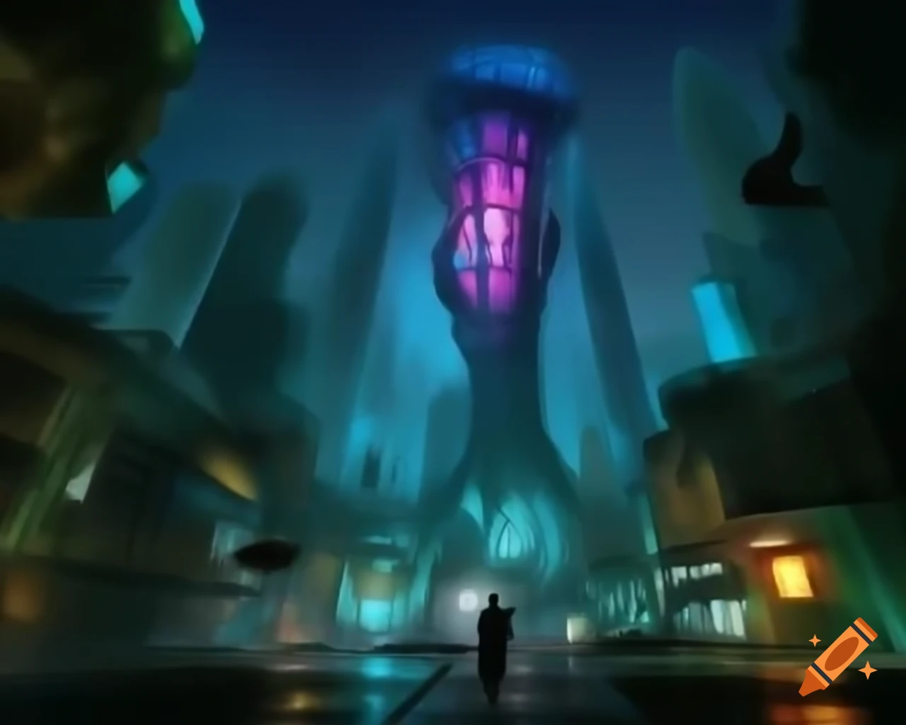 Surreal biopunk cityscape blending technology and biology