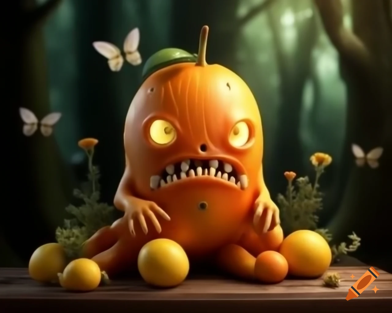 3D image of orange fruit tree monster with lemon face on wooden table in forest