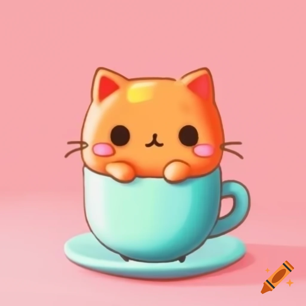 Cute orange cat sitting in teacup with pastel colors and light pink background