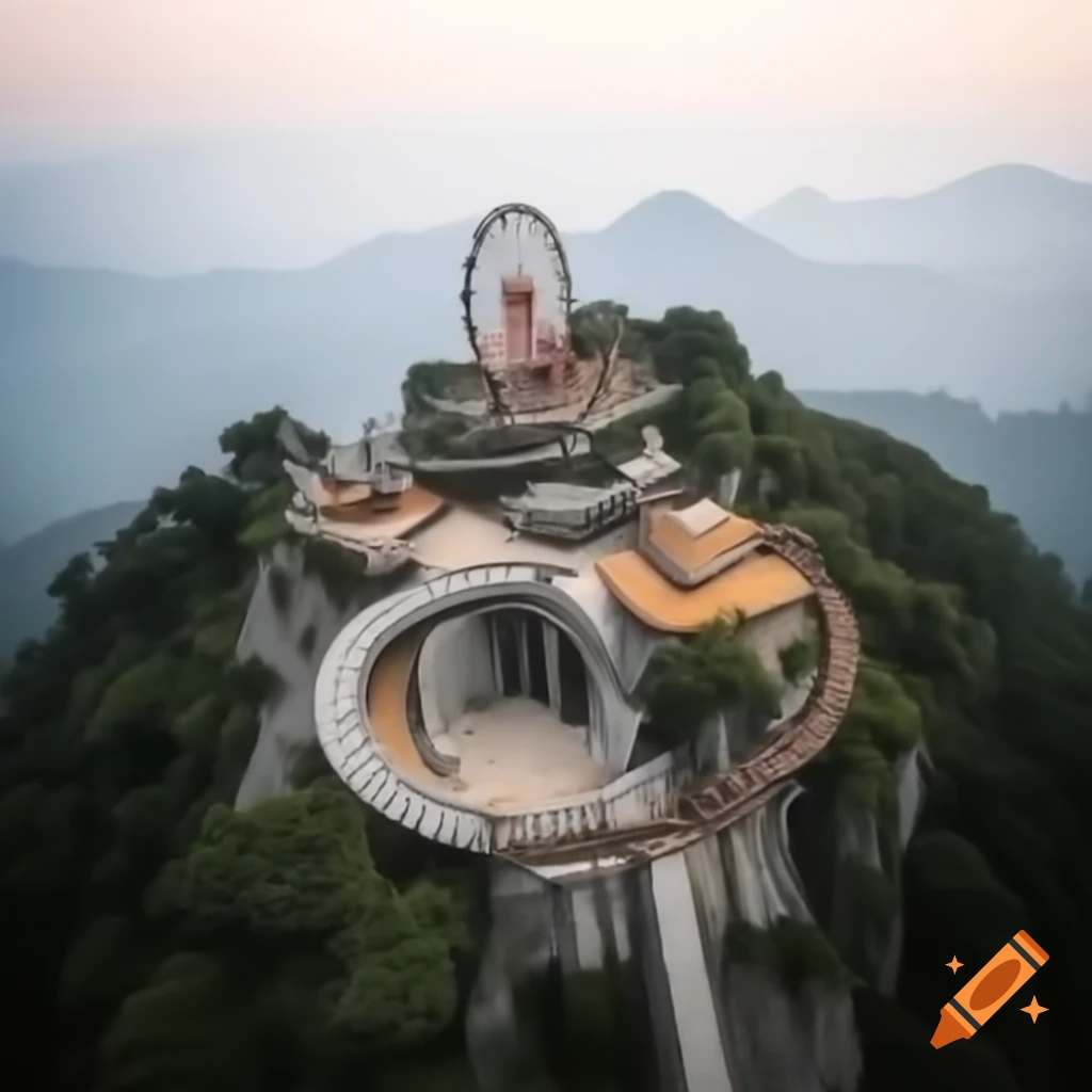 Amusement park on mountain with ferris wheel, wildlife park, botanical gardens, and amphitheater