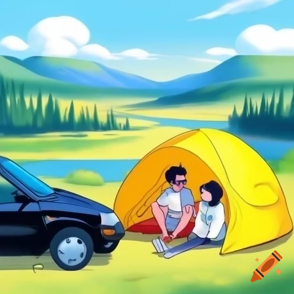 Colorful manga style painting of interracial couple in camping tent by black car beside river and mountains