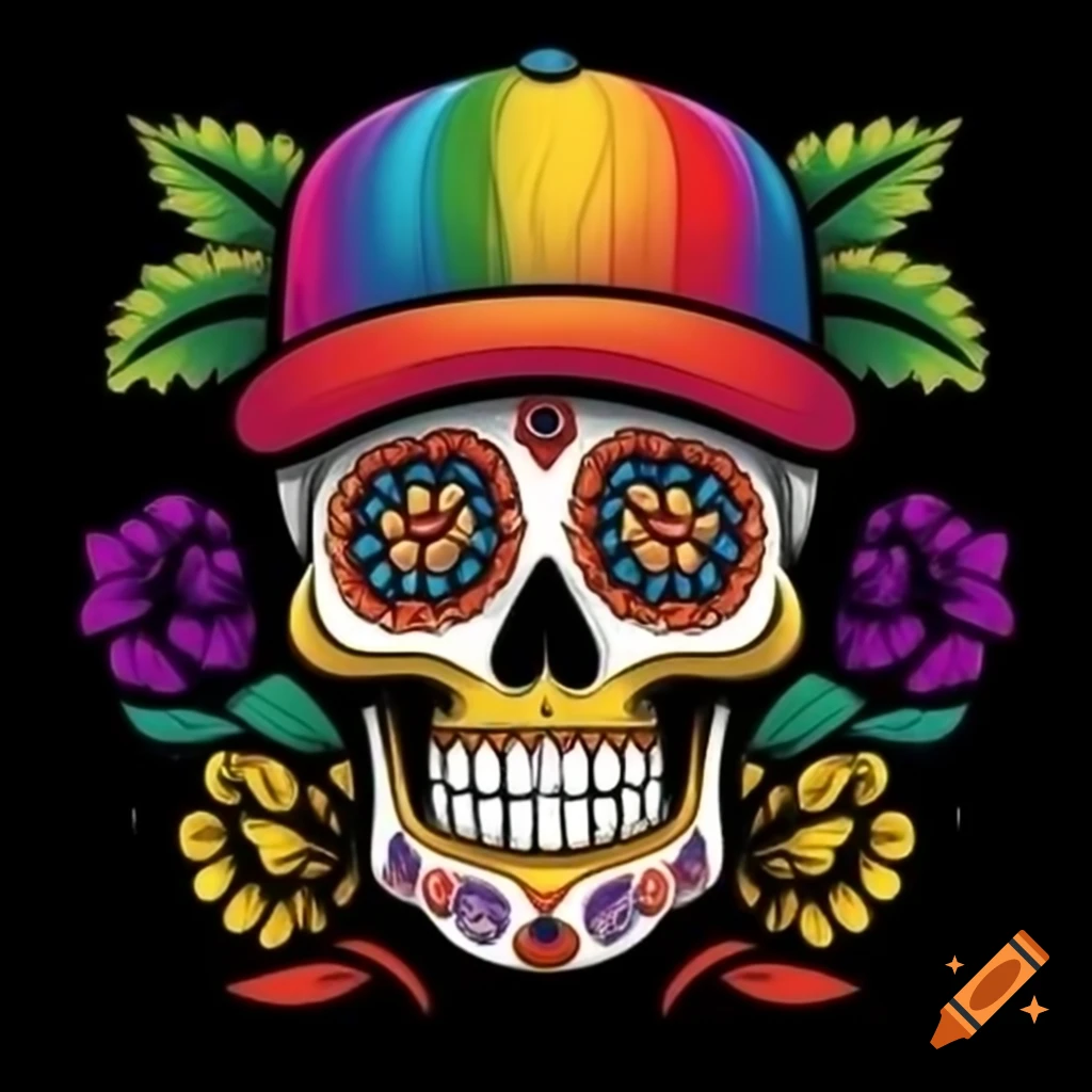 Colorful Day of the Dead sugar skull wearing baseball cap with letter H