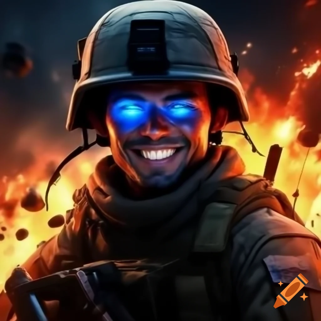 Smiling male soldier with glowing blue eyes and explosions in background