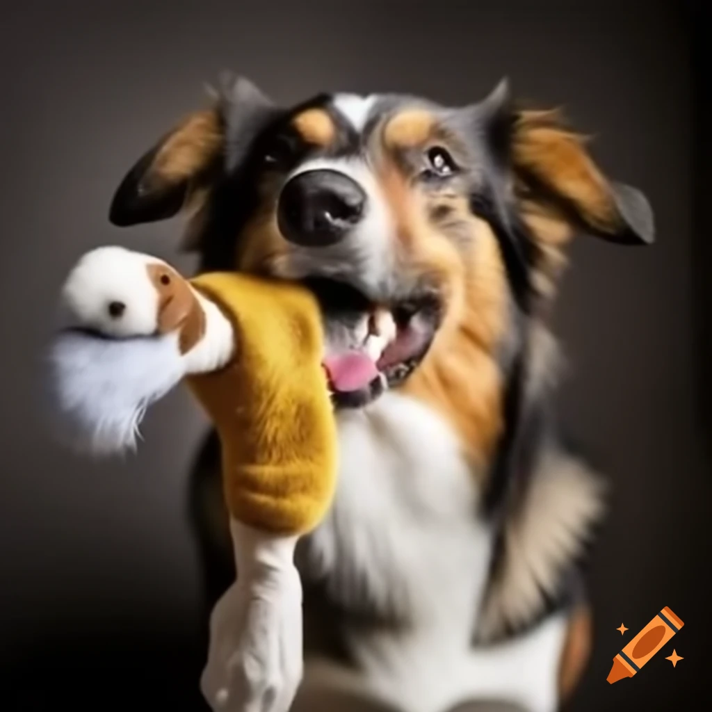 Dog playing with toy and sock hanging from its mouth