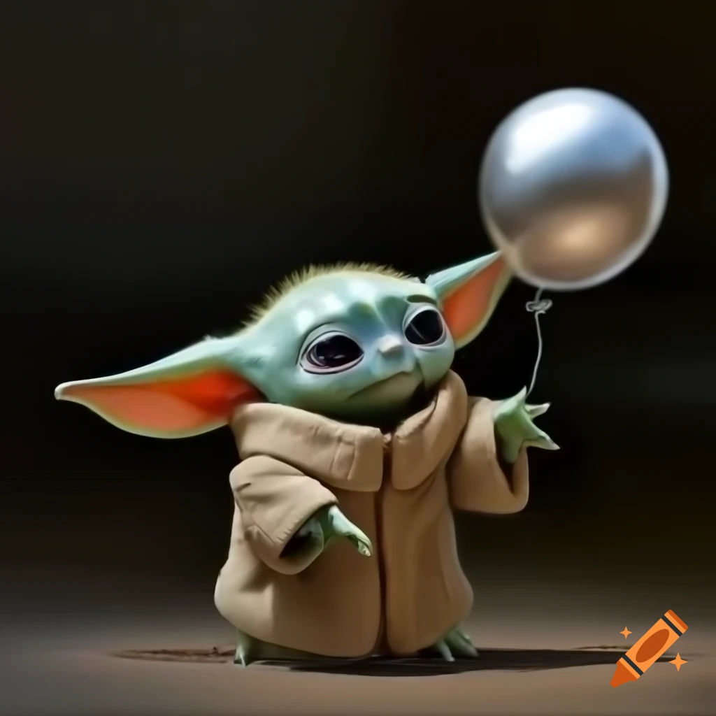 Cute alien Grogu playfully posing with a giant silver balloon