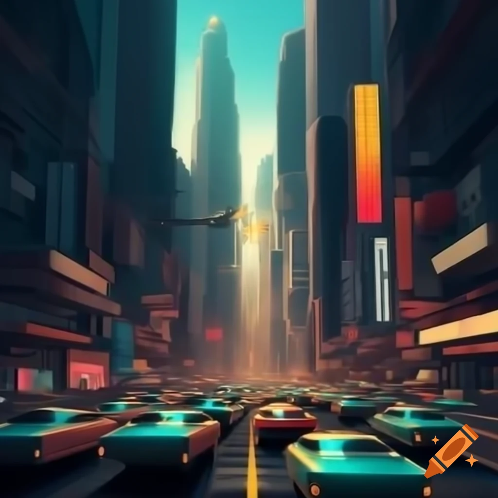 Digital artwork of a futuristic city blending advanced technologies with retrofuturism