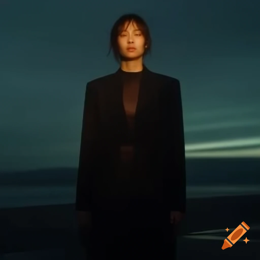 Futuristic dystopian scene combining elements of fashion and film aesthetics