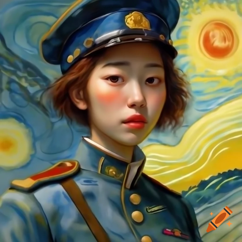 Korean woman in japanese military uniform animated portrait with