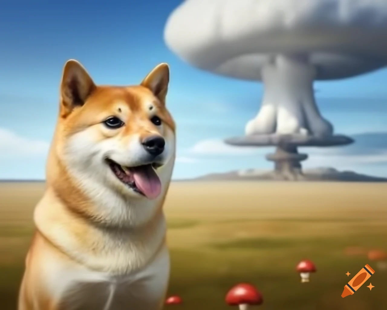 Happy doge with nuclear mushroom cloud in background