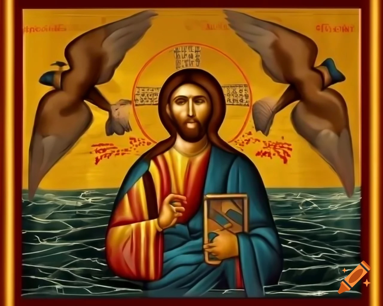 Byzantine icon of Jesus with birds and water, mosaic by Svetoslav Roerich