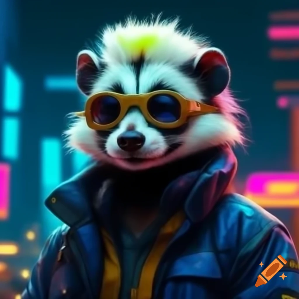 Spotted skunk in cyberpunk dystopia with mohawk and reflective jacket in neon midnight city