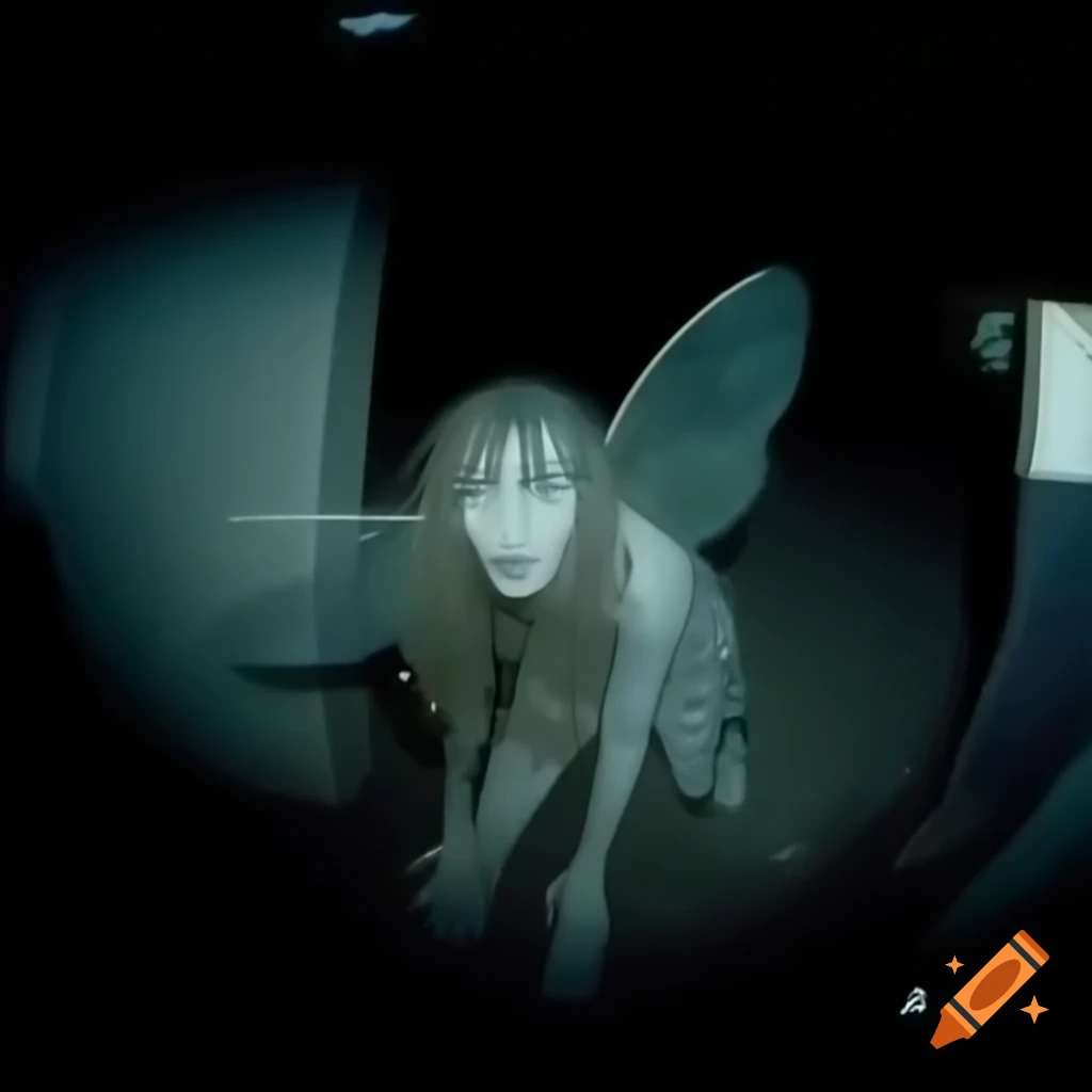 Analogue horror footage of a woman with moth wings apparition on trailcam