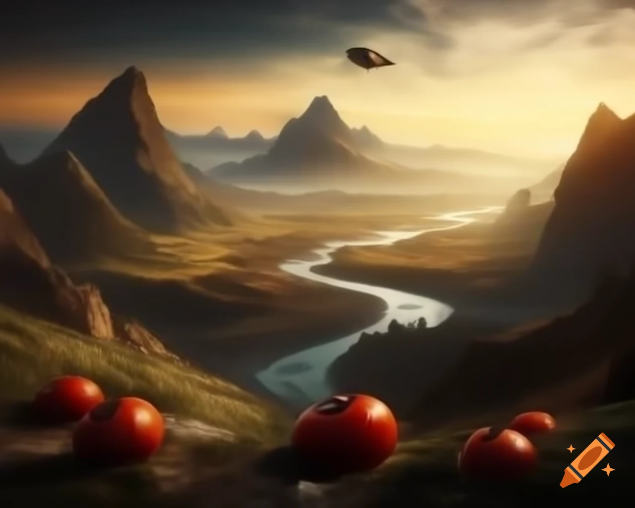 Legend of valley surrounded by ripe tomatoes guarded by mountains