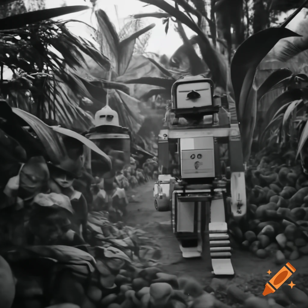 Robots in Vietnam war jungle setting, 1960s style