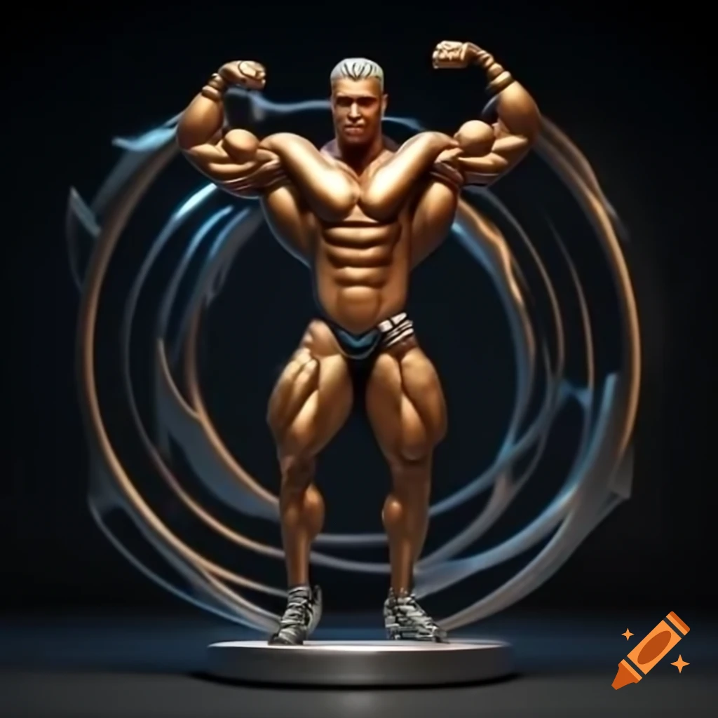 Digital male figure flexing muscles in a whimsical data-inspired scene