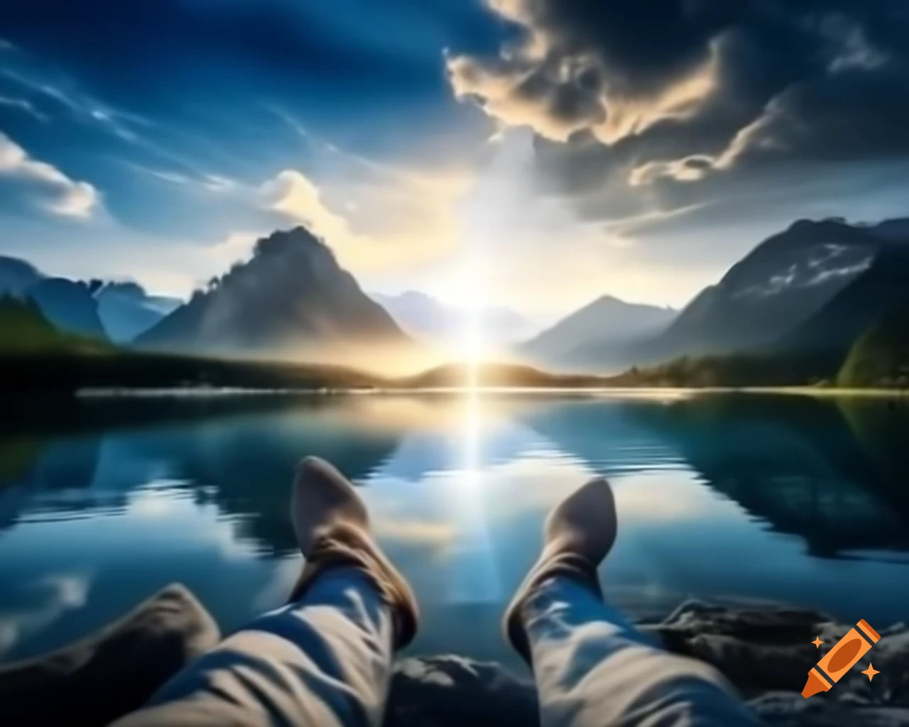Majestic mountains with tranquil crystal-clear lake at their feet