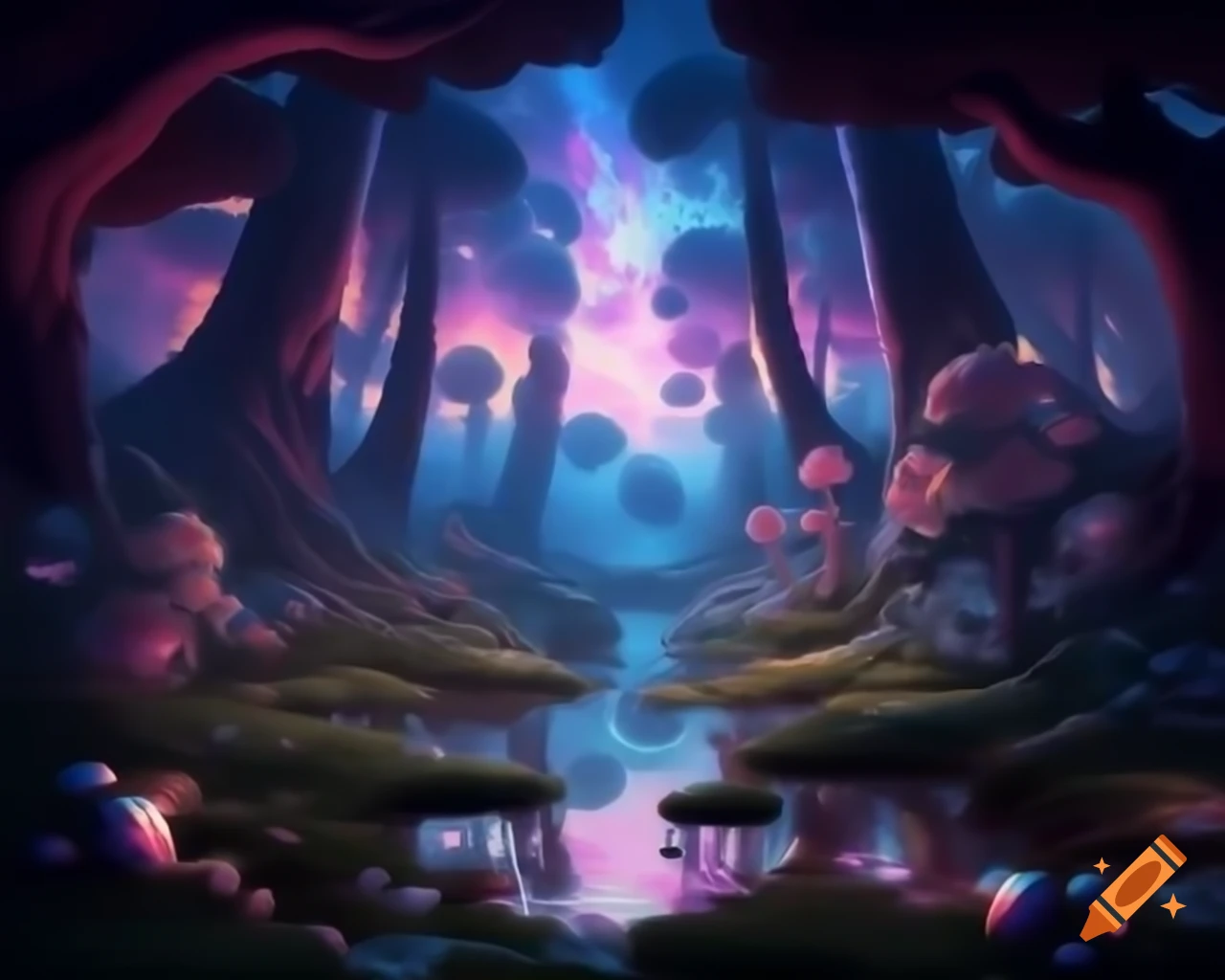 Mystical forest with mythical creatures and vibrant trees