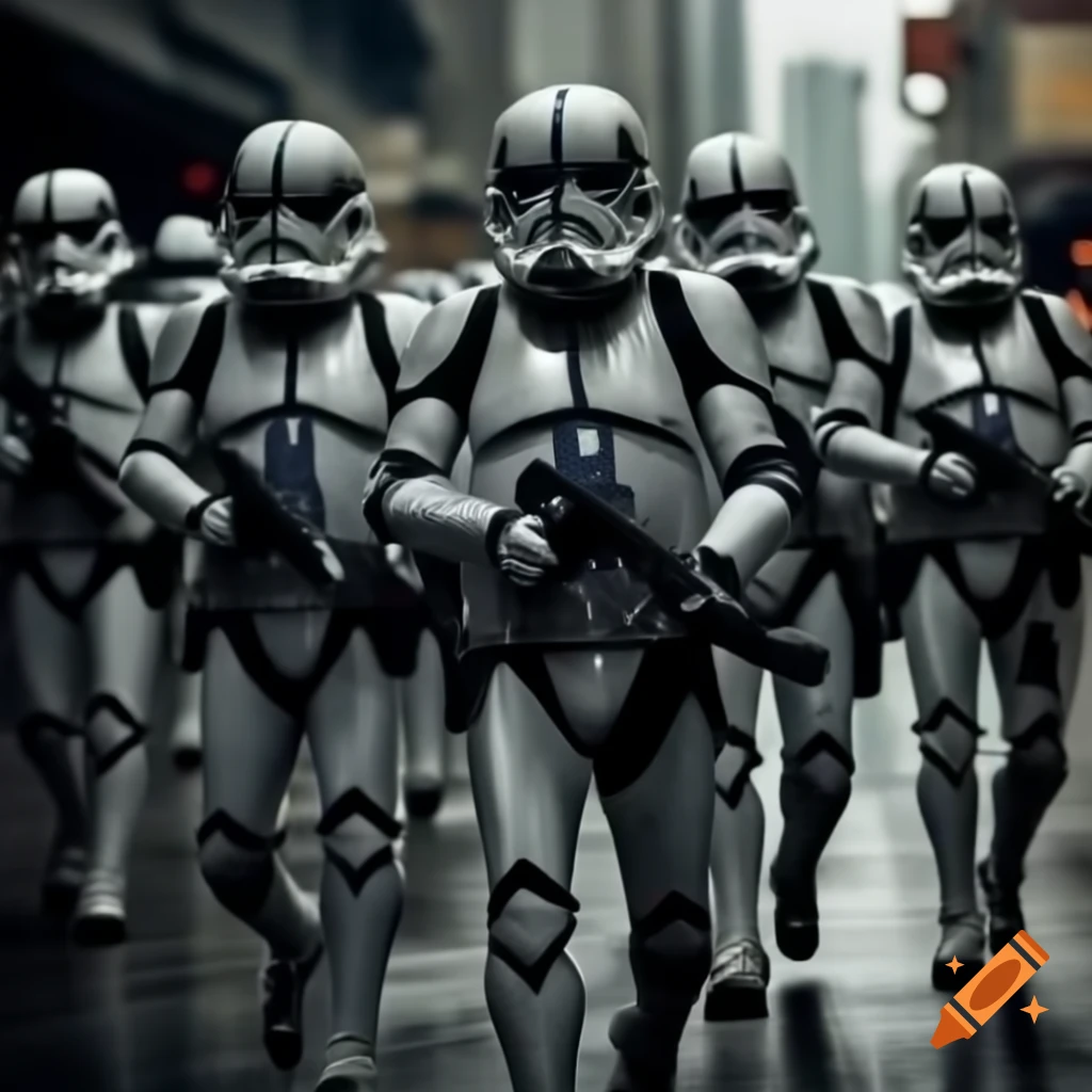 Realistic cinematic depiction of storm troopers walking down the street