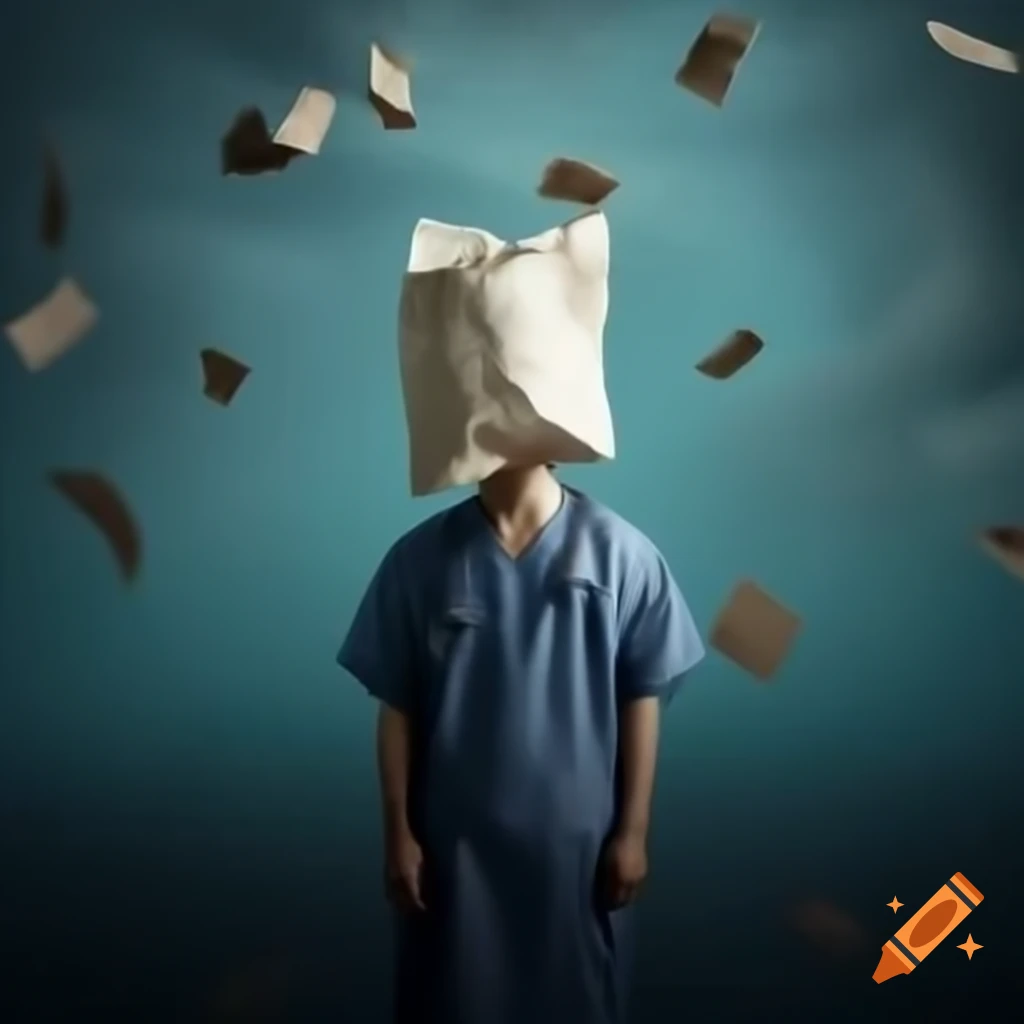 Surreal scene of doctor with paper bag on head, symbolizing grief
